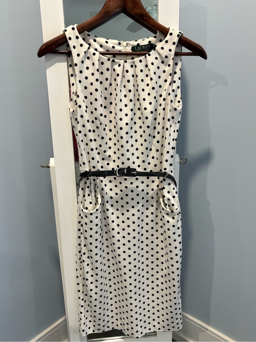 Ralph Lauren White Polka Dot Midi Sheath Dress with Black Belt